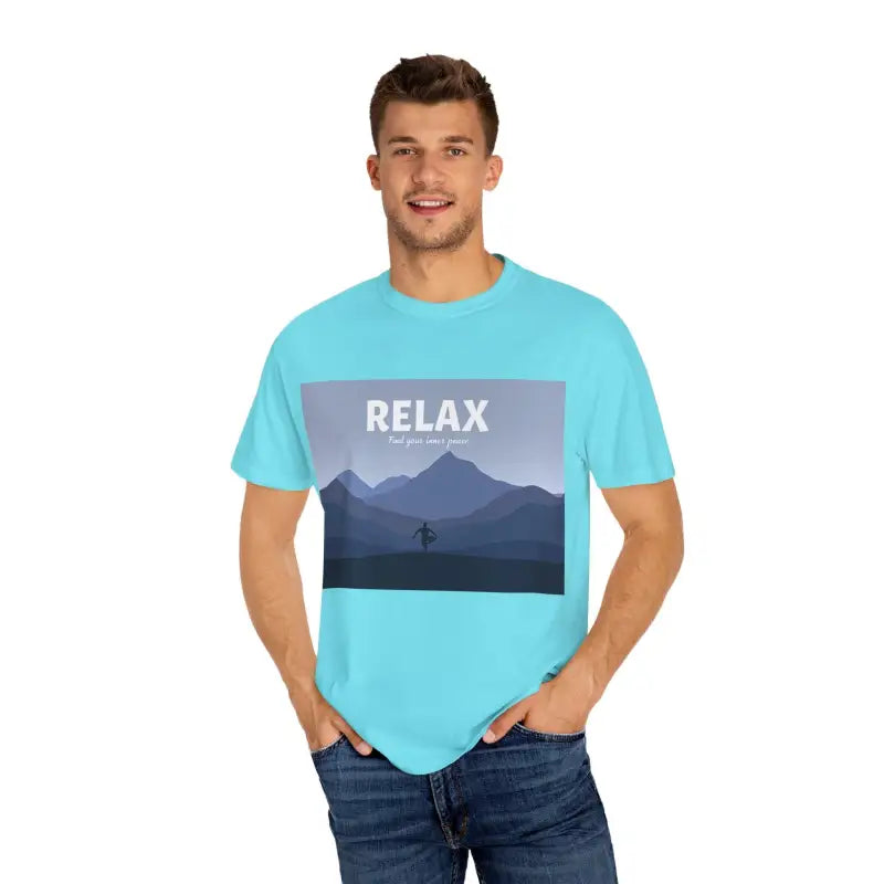 Turquoise Mountain Scene Relax T Shirt featuring a tranquil graphic design for comfort