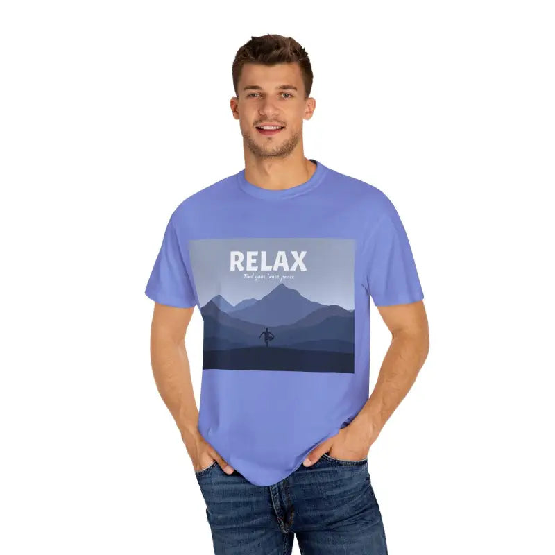 Periwinkle t-shirt featuring a mountain graphic from the Turquoise Mountain Scene collection