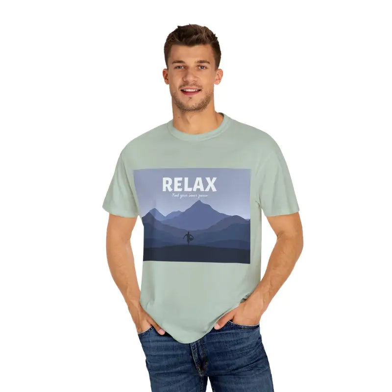 Turquoise Mountain Scene Relax T Shirt featuring a calming graphic design for leisure