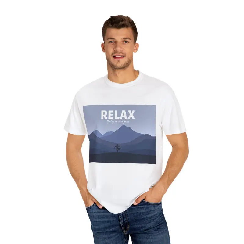 White T-shirt featuring a mountain graphic from the Turquoise Mountain Scene Relax collection