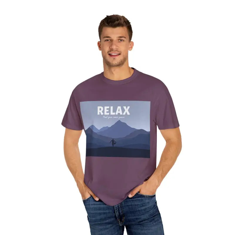Turquoise Mountain Scene Relax T Shirt featuring a soothing graphic design for comfort