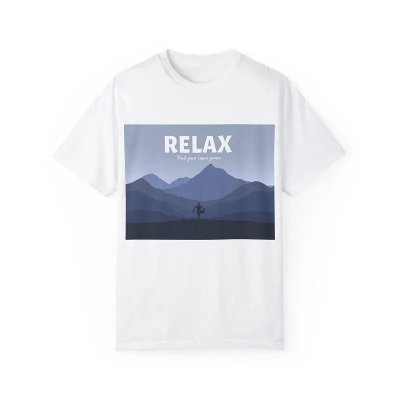 White Turquoise Mountain Scene Relax T Shirt featuring a serene mountain landscape design