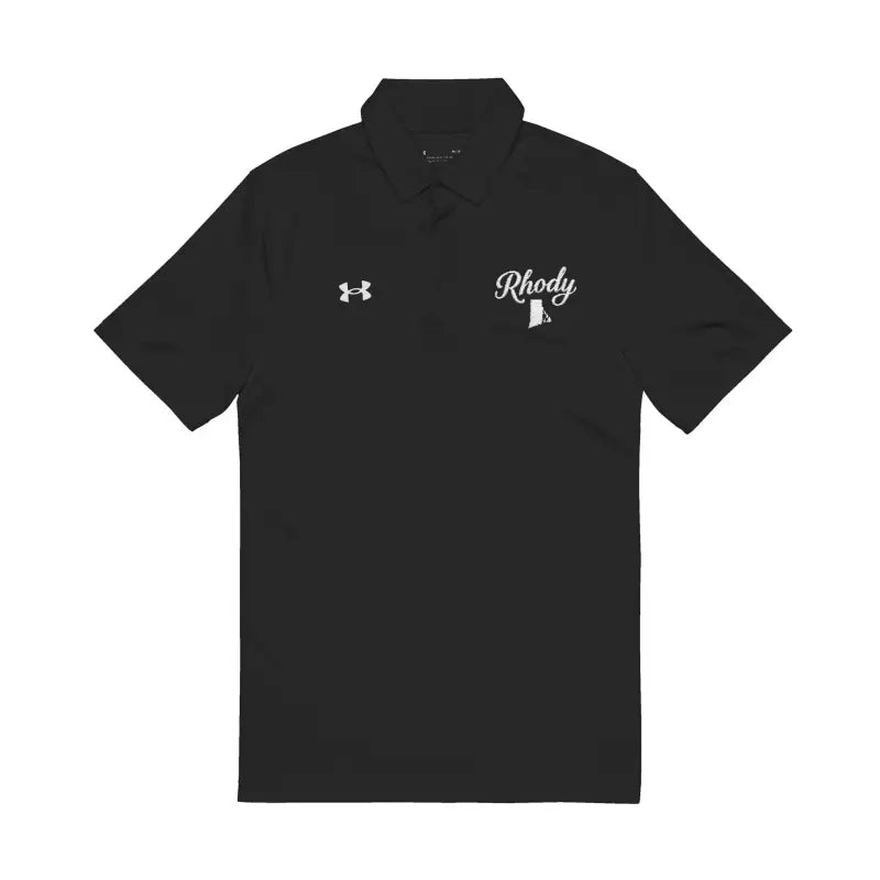 Black Under Armour Men’s Polo Shirt featuring embroidered Rhody design