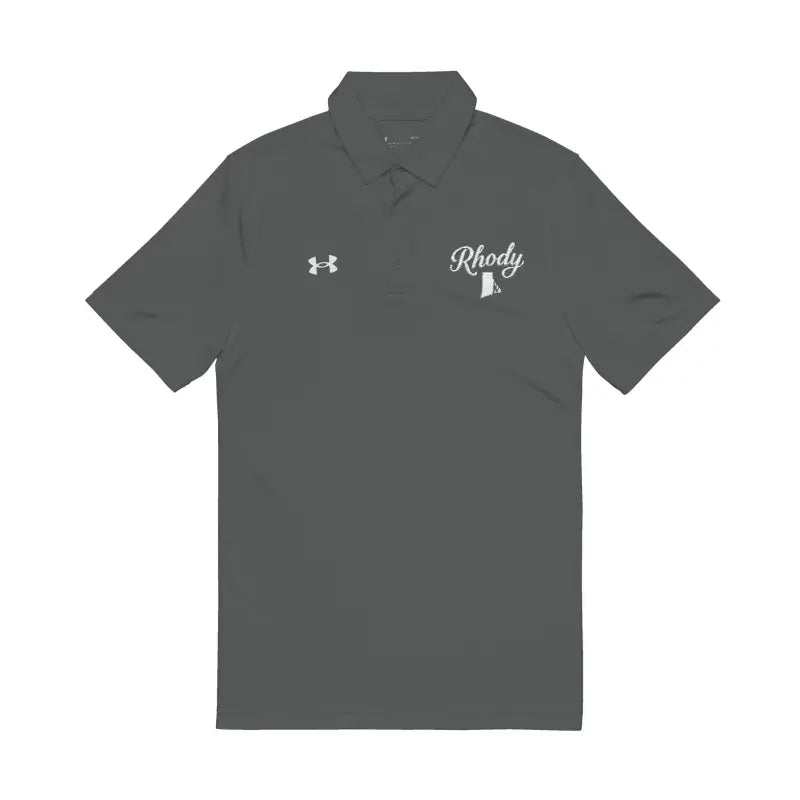 Gray Under Armour Men’s Polo Shirt with Rhody and Rhode Island outline embroidery