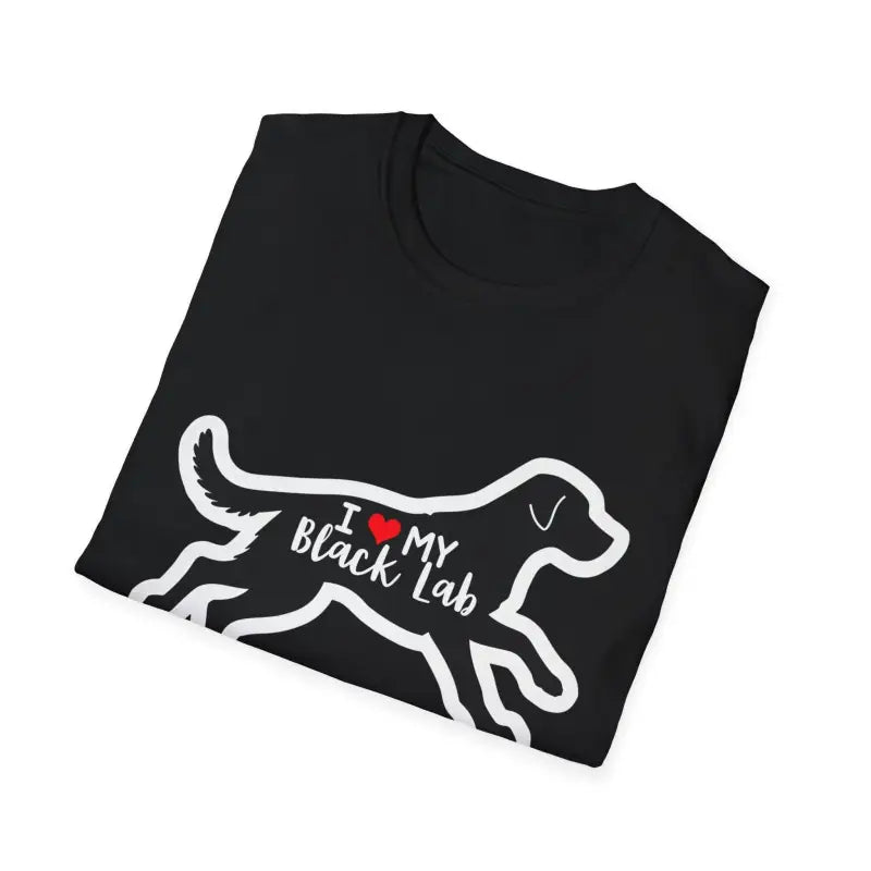 Folded black t-shirt featuring a graphic of a Black Lab for casual unisex wear