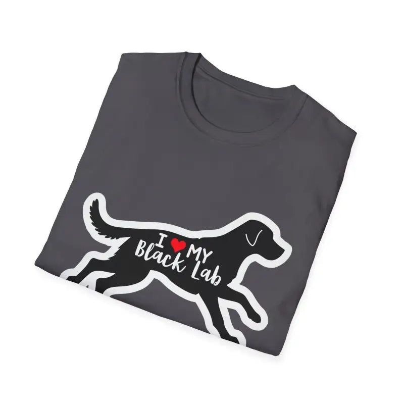 Folded gray t-shirt featuring a Black Lab graphic for unisex wear
