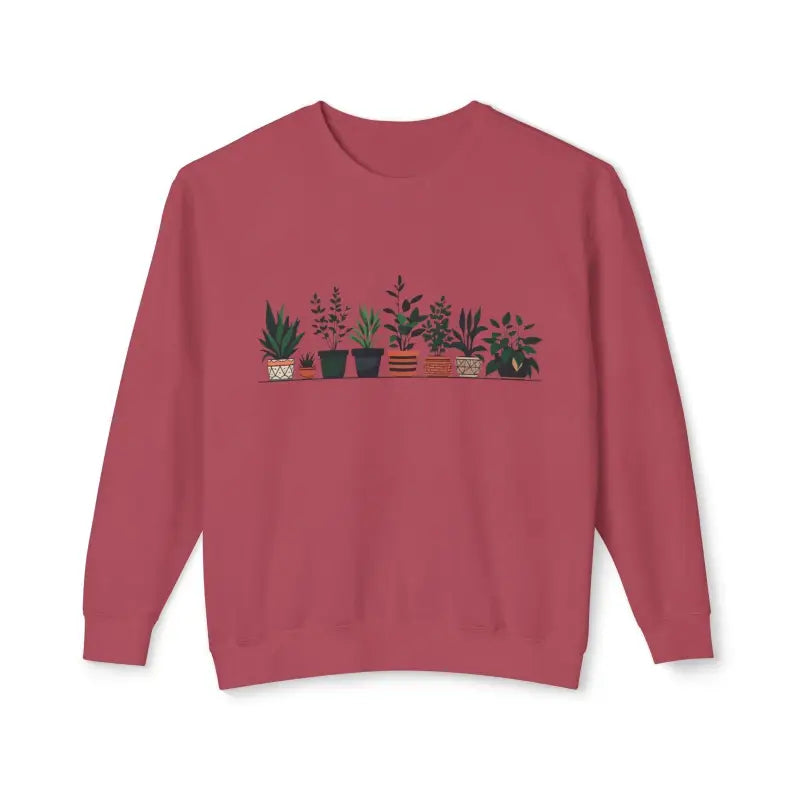Maroon unisex lightweight crewneck sweatshirt featuring a potted plant design