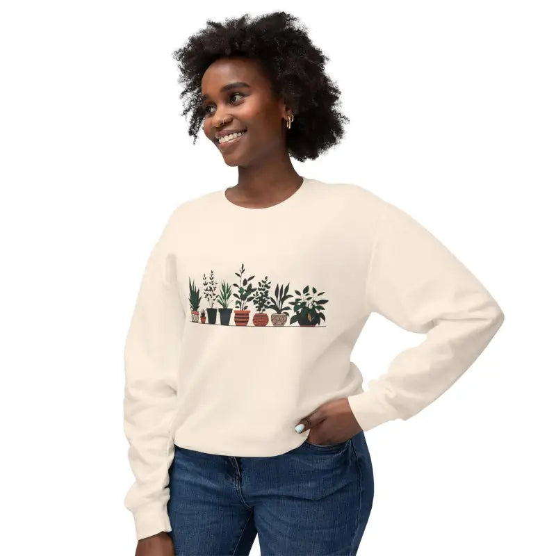 Cream-colored Unisex Lightweight Crewneck Sweatshirt featuring a potted plant design