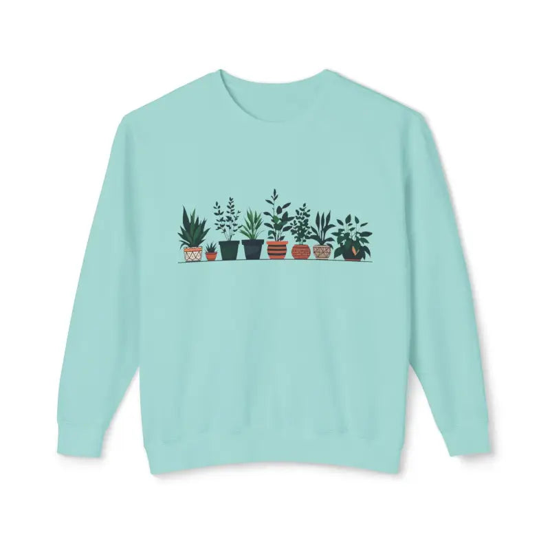 Light blue Unisex Lightweight Crewneck Sweatshirt featuring potted plant design