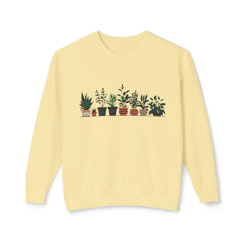Unisex Lightweight Crewneck Sweatshirt featuring a vibrant yellow color and potted plant design