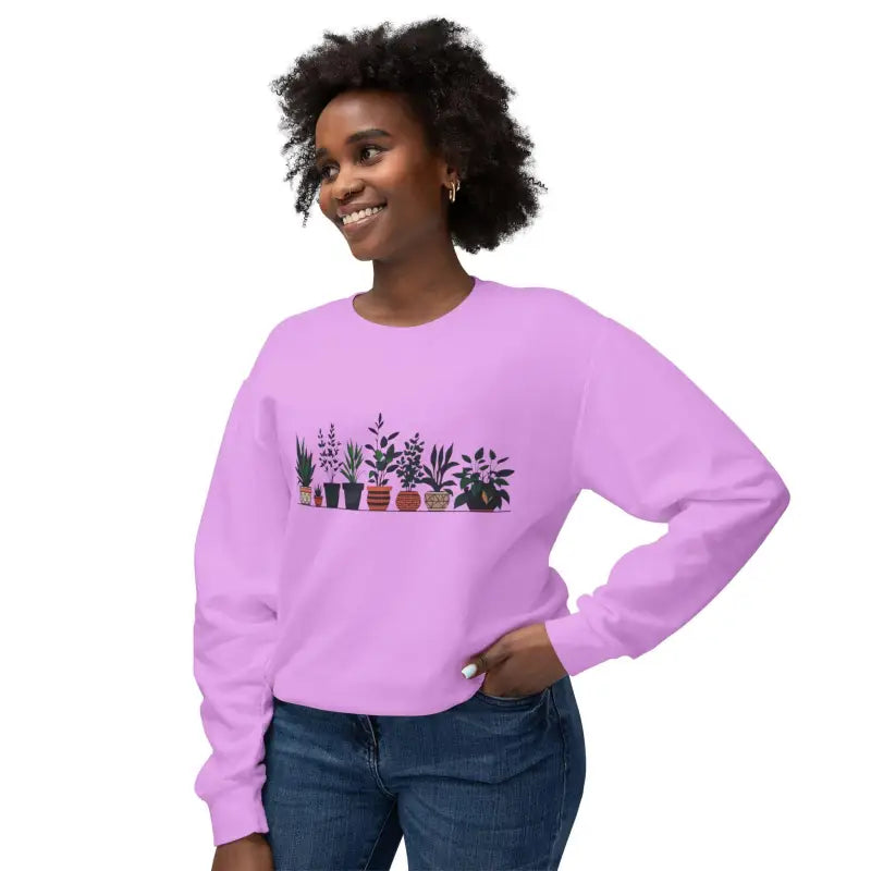Lavender sweatshirt with potted plant design for unisex lightweight crewneck style