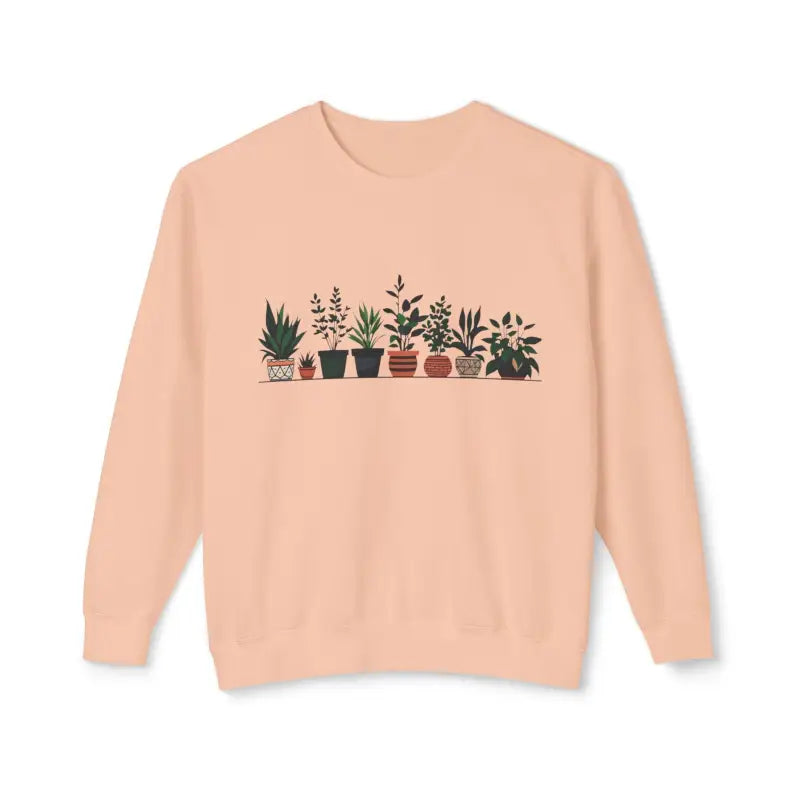 Peach-colored unisex lightweight crewneck sweatshirt with potted plant design