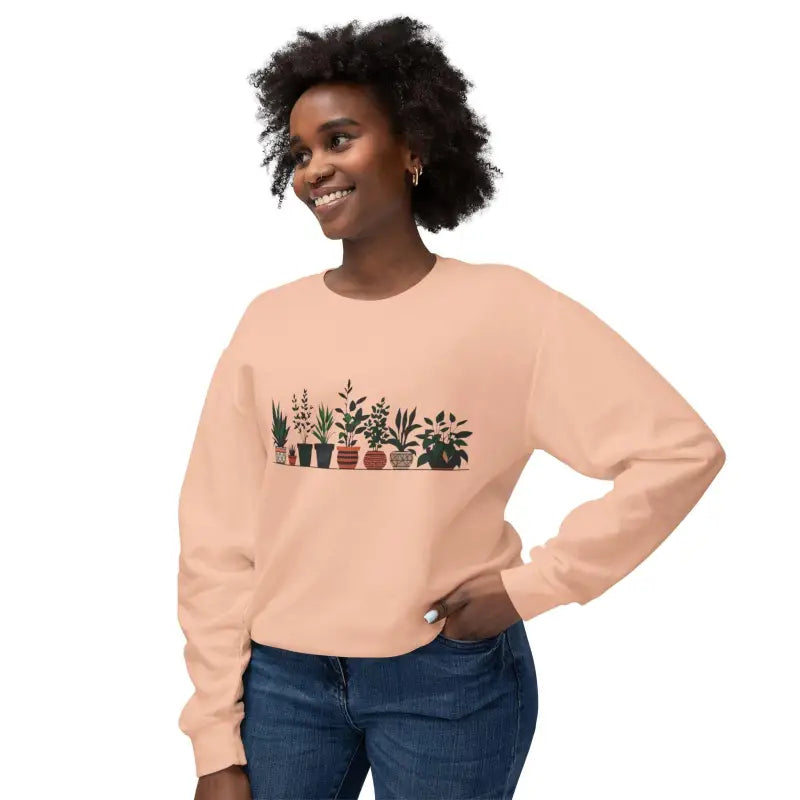 Peach-colored Unisex Lightweight Crewneck Sweatshirt with Potted Plant Design