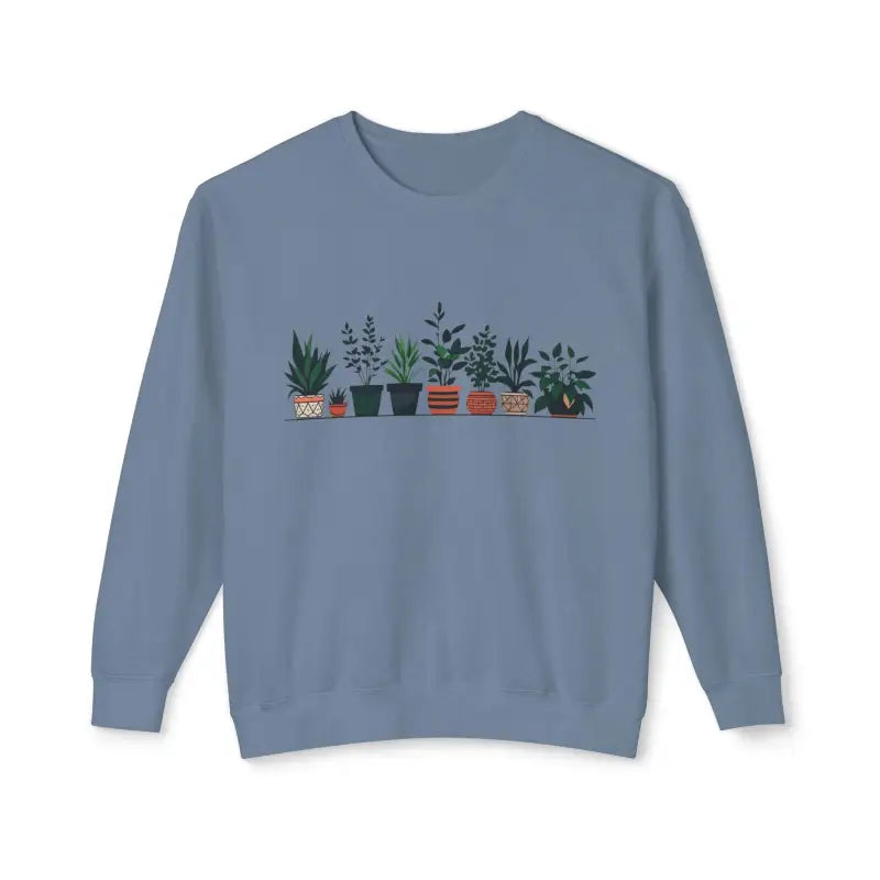 Blue Unisex Lightweight Crewneck Sweatshirt featuring a stylish potted plant design