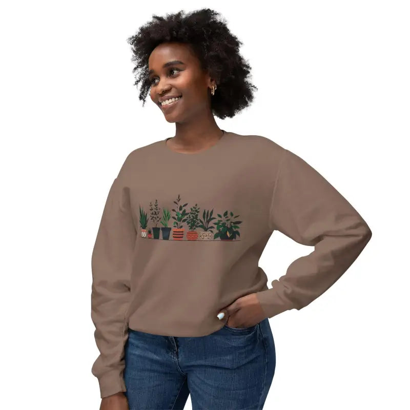 Brown sweatshirt featuring a potted plant design for unisex wear
