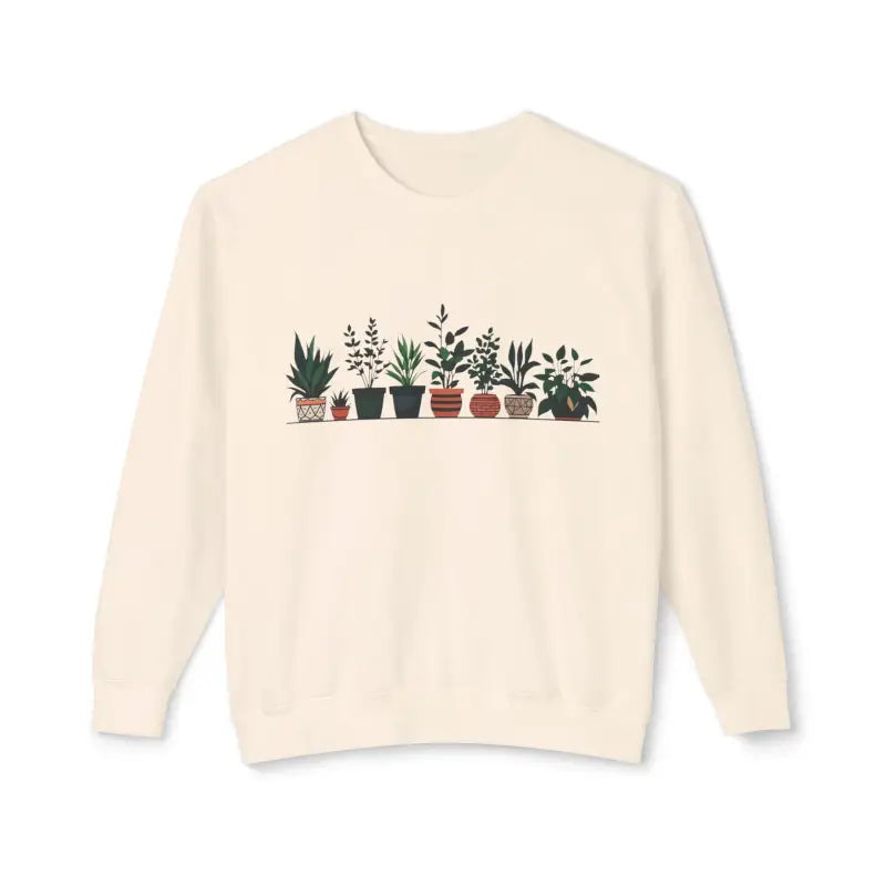Cream-colored unisex lightweight crewneck sweatshirt featuring a potted plant design