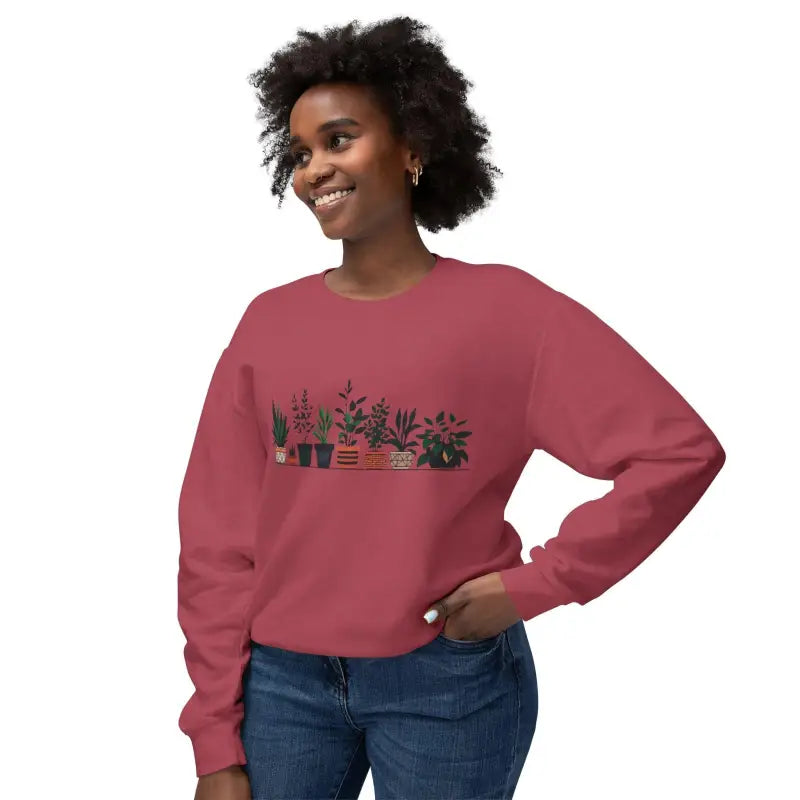 Maroon Unisex Lightweight Crewneck Sweatshirt featuring a stylish plant design