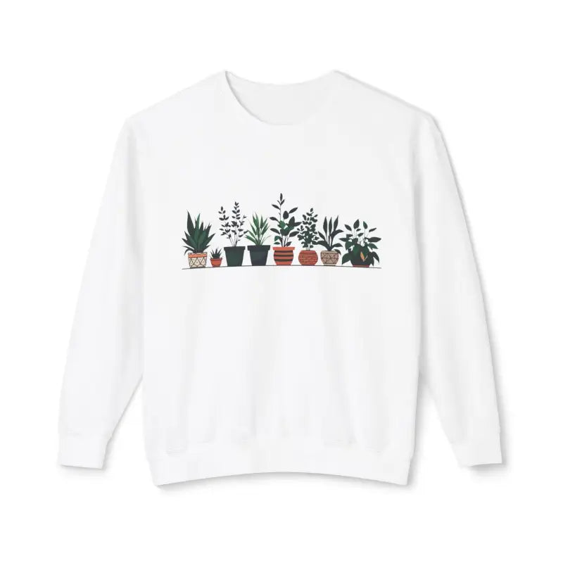 Unisex Lightweight Crewneck Sweatshirt featuring a Potted Plant Design in White