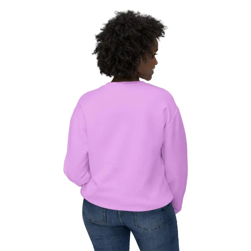 Woman modeling Unisex Lightweight Crewneck Sweatshirt with Potted Plant Design in pink