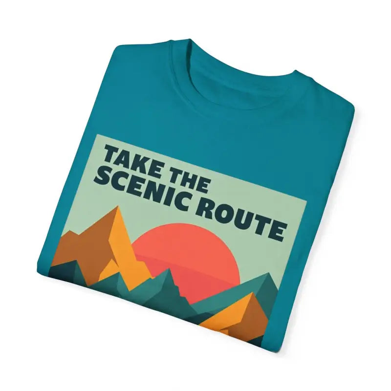 Teal Unisex Mountain Graphic Hiking T Shirt featuring an outdoor mountain design