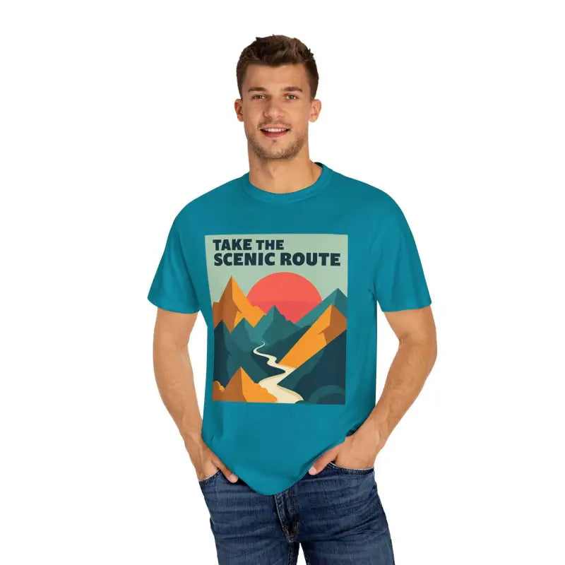 Teal Unisex Mountain Graphic Hiking T Shirt featuring a stunning mountain design