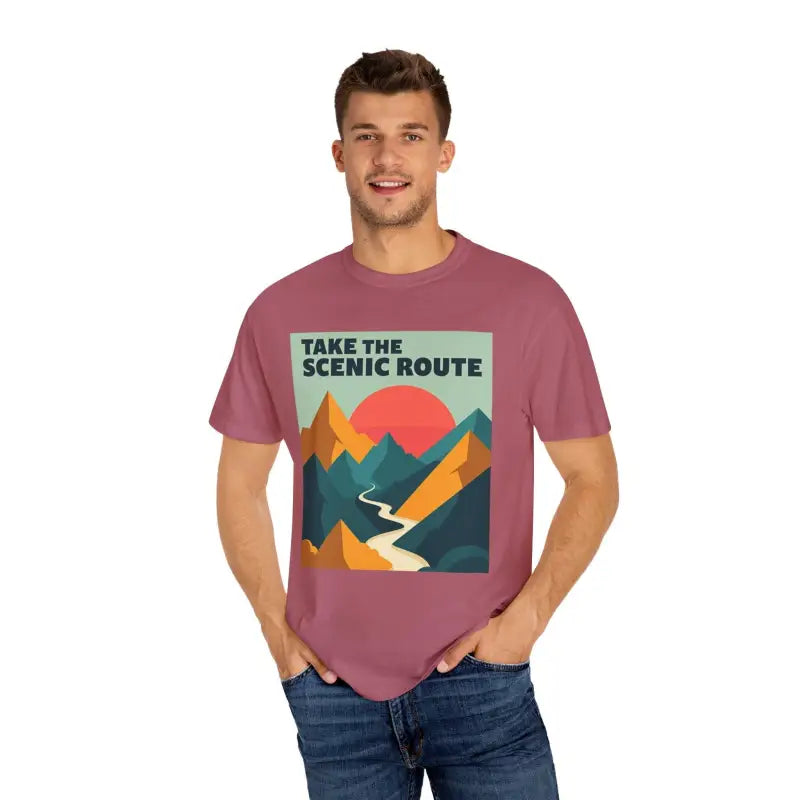 Maroon Unisex Mountain Graphic Hiking T Shirt showcasing a mountain design