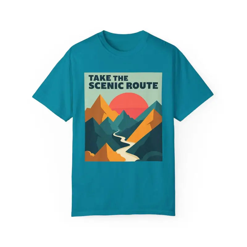 Teal Unisex Mountain Graphic Hiking T Shirt featuring a stunning mountain design