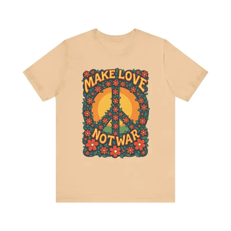 Beige Unisex Retro Peace Symbol Graphic T-Shirt featuring a floral peace sign design
