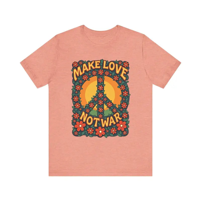 Peach-colored Unisex Retro Peace Symbol Graphic T-Shirt displayed on a neutral background