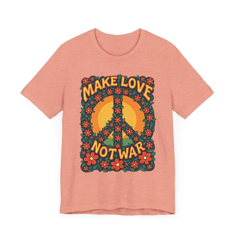 Peach-colored unisex retro T-shirt featuring a floral peace sign graphic design