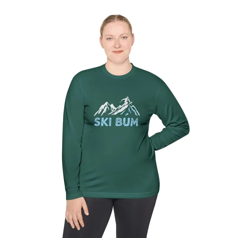 Green unisex long-sleeved tee featuring Ski Bum graphic in sport material
