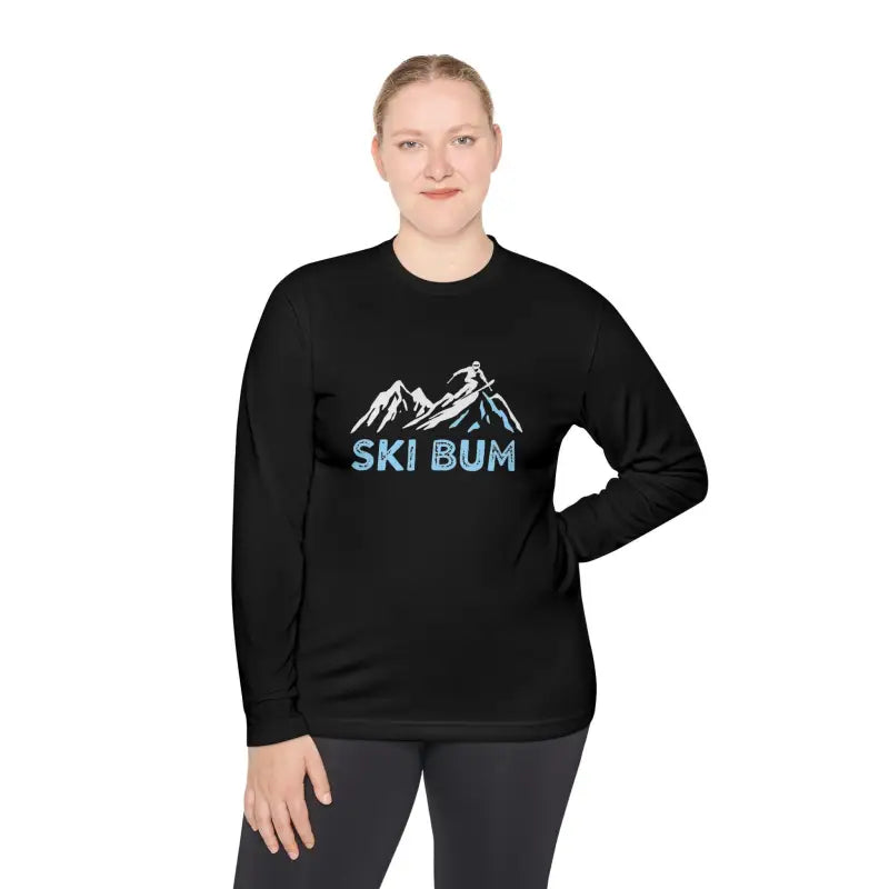 Black long-sleeved shirt featuring Ski Bum design for Unisex wear in sport material