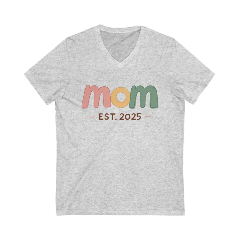 Gray v-neck t-shirt designed for new or expecting mothers, V Neck Tee Mom Est 2025