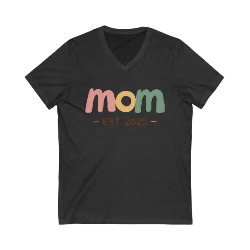 Black V-neck t-shirt featuring Mom Est 2025 design for new or expecting mothers