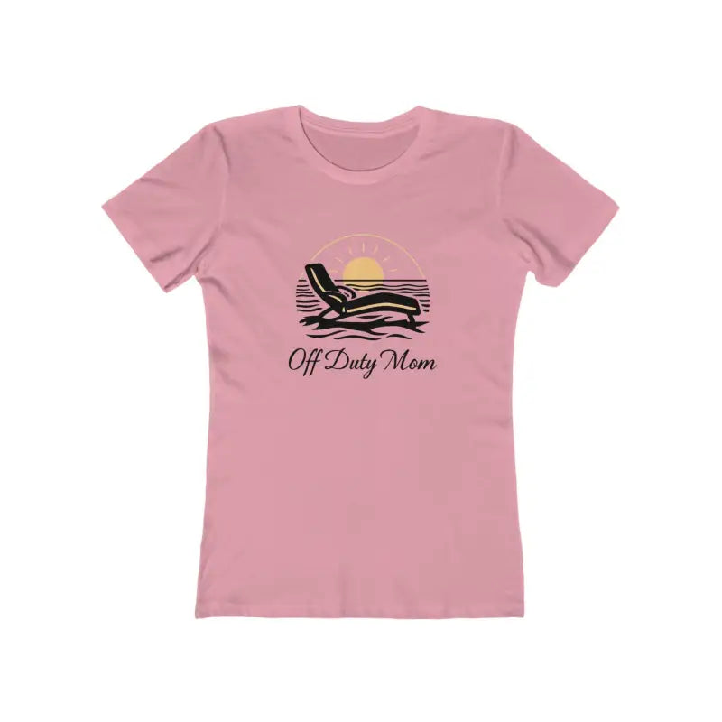 Pink t-shirt featuring a beach scene from the Vacation Vibes Tee for Women Off Duty Mom Design