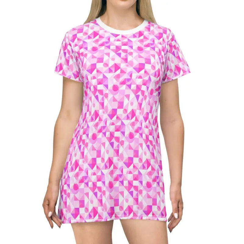 Vibrant Pink Geometric T-Shirt Dress designed for parties or casual outings