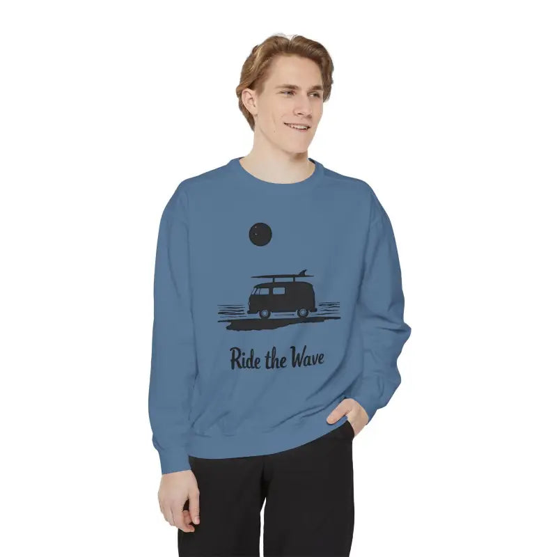 Blue sweatshirt featuring a beach van graphic from the Wave Rider Sweatshirt Collection