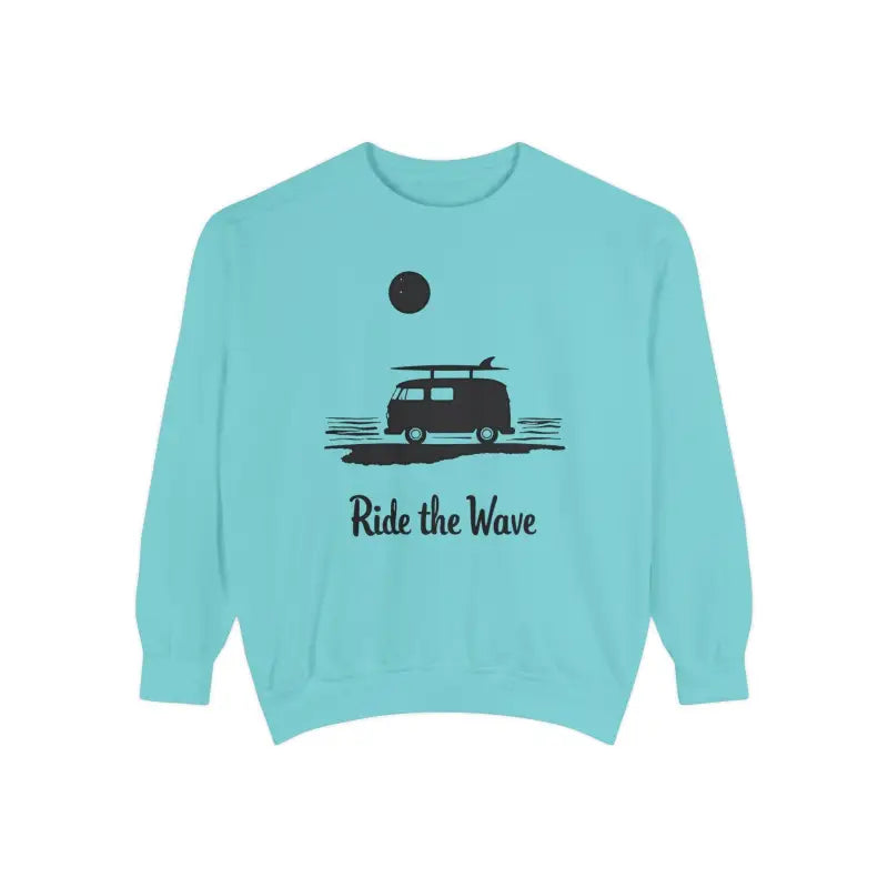 Turquoise sweatshirt featuring a surfing design from the Wave Rider Sweatshirt Collection