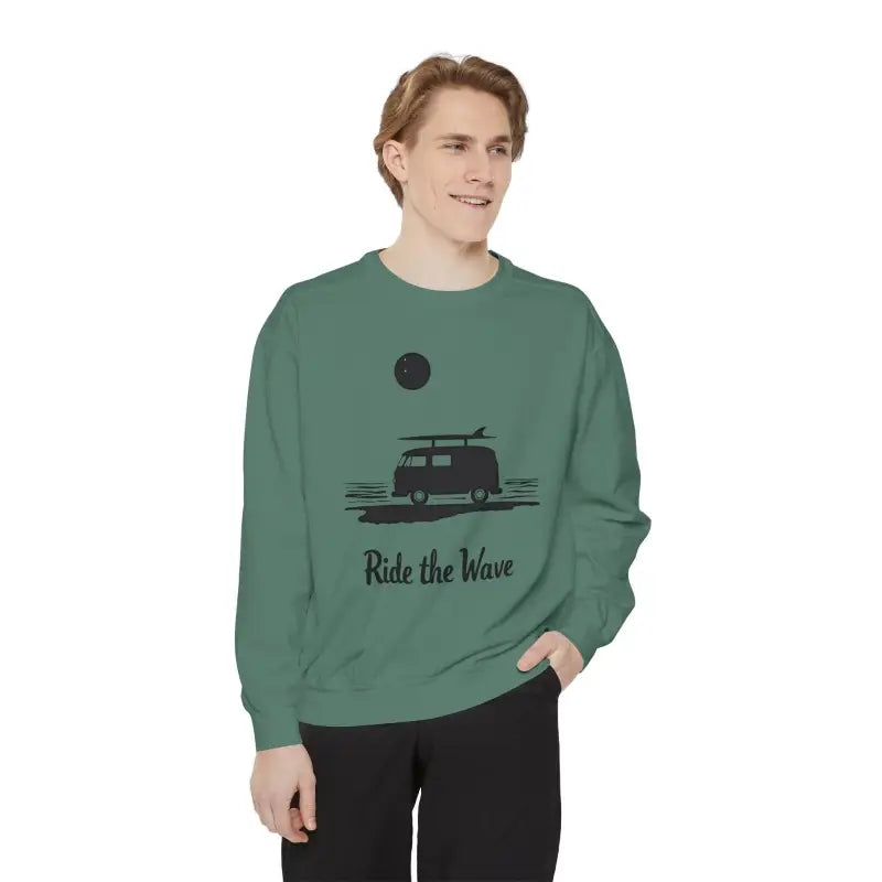 Green sweatshirt featuring a van graphic from the Wave Rider Sweatshirt Collection