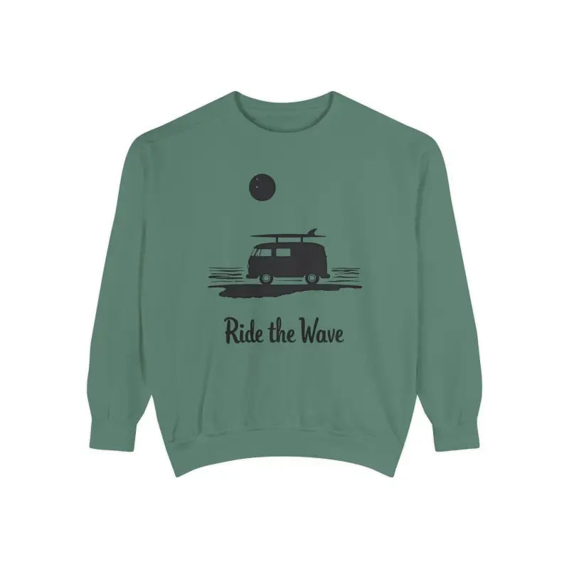 Green sweatshirt featuring a van graphic from the Wave Rider Sweatshirt Collection