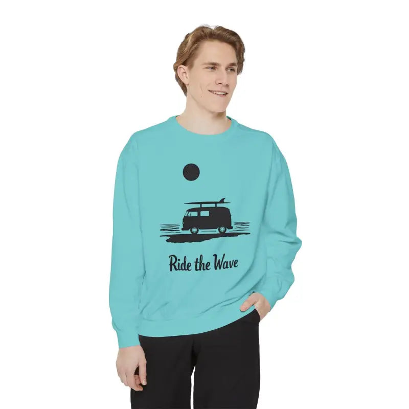 Turquoise sweatshirt featuring a beach van graphic from the Wave Rider Sweatshirt Collection