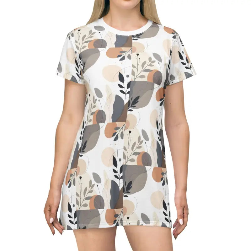 White Abstract Floral T Shirt Dress featuring a vibrant abstract-patterned design