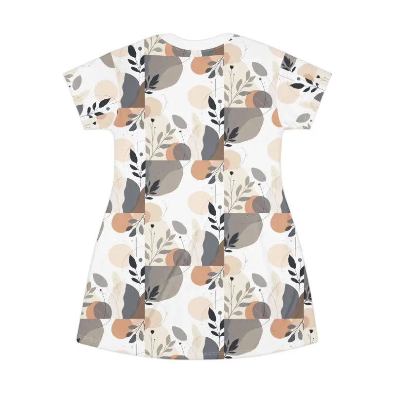 White Abstract Floral T Shirt Dress showcasing a stylish patterned short-sleeved design