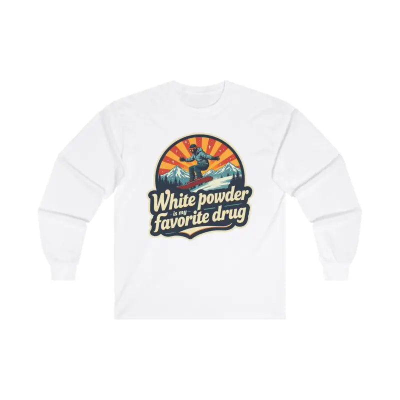 White long-sleeved shirt featuring a snowboarding graphic from Witty Snowboarding collection