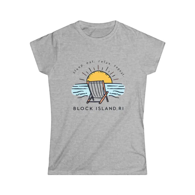 Gray t-shirt featuring a beach scene from Women Relaxed Beach Tee Sleep Eat Relax Repeat
