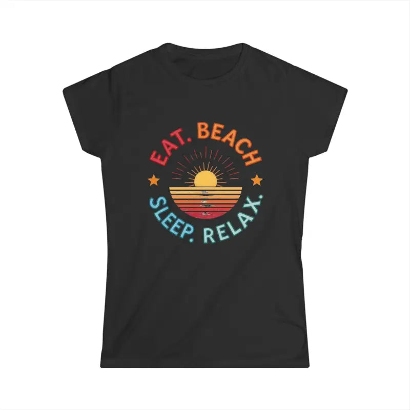 Black t-shirt featuring a beach-themed graphic for Women Summer Vibes collection