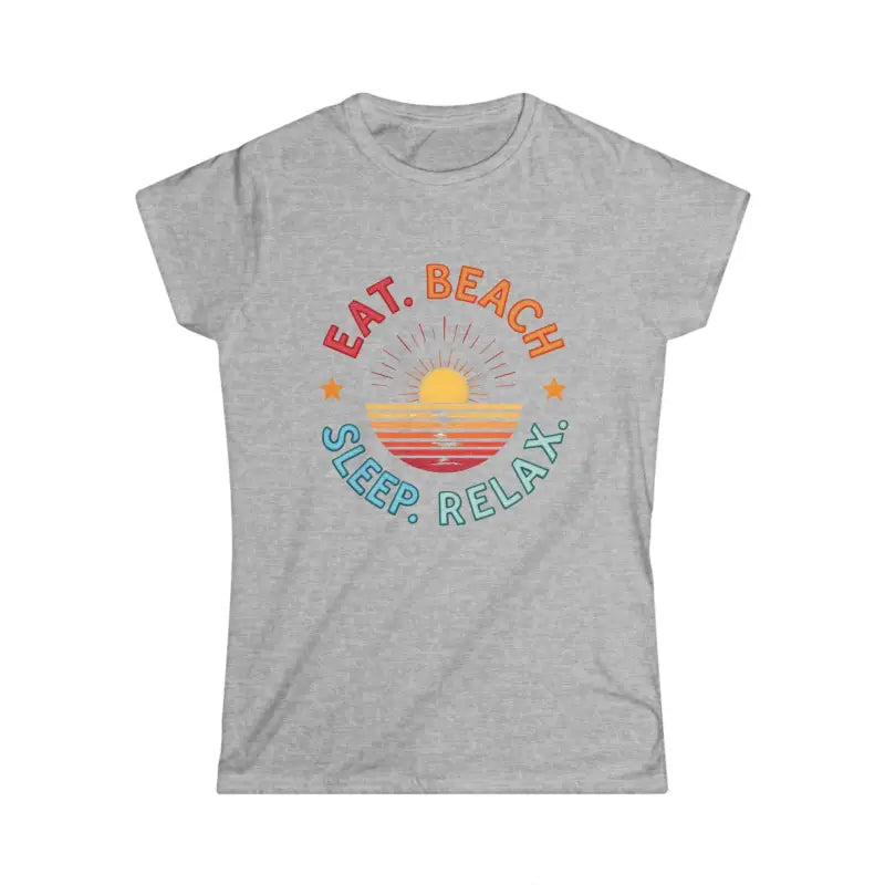 Gray t-shirt featuring beach graphic from Women Summer Vibes Eat Beach Sleep Relax collection