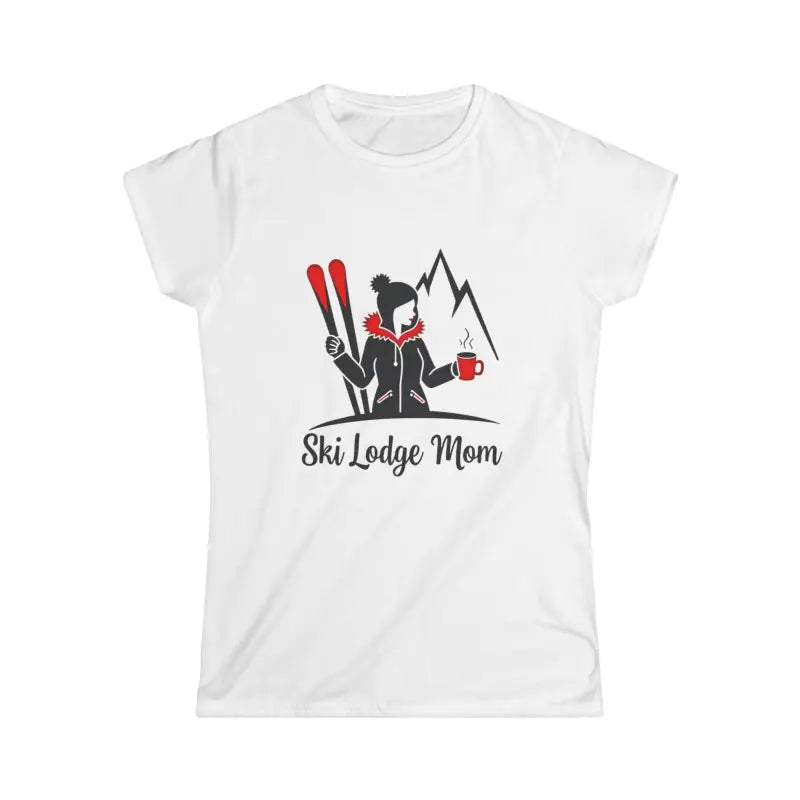 White T-shirt featuring Ski Lodge Mom design ideal for winter apparel enthusiasts
