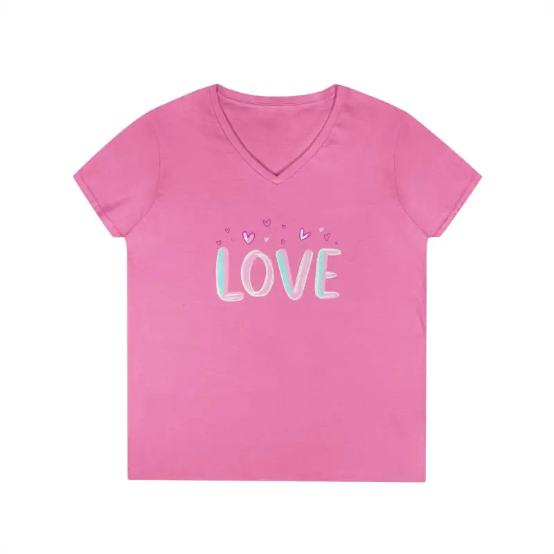 Pink V-neck t-shirt with LOVE design from Women V Neck Love Tee in Pink Gray Salmon