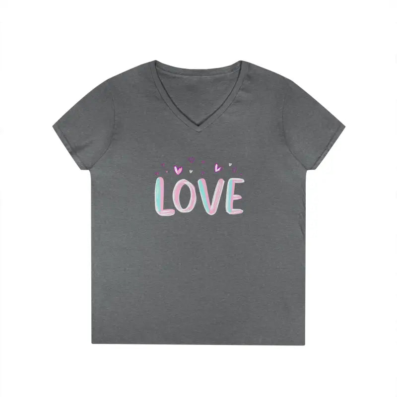 Gray V-neck t-shirt featuring LOVE design from Women V Neck Love Tee collection